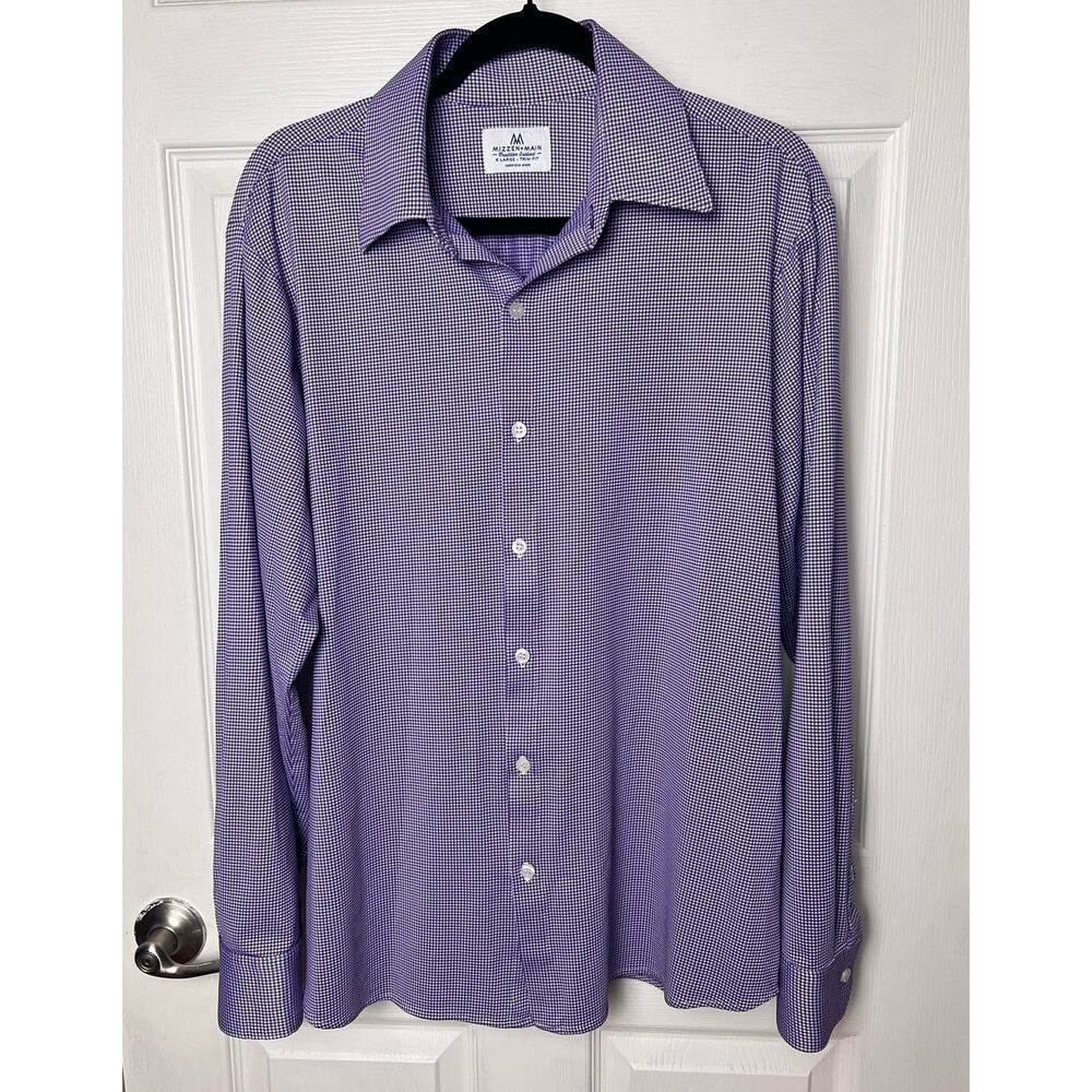 Mizzen Main Dress Shirt Men's XL Purple Mini Check Trim Fit Nylon Button Up